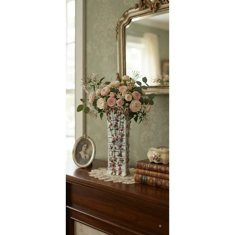 LBK Porcelain Rose Trellis Bud Vase Pink Floral Relief Rectangular 8 inch